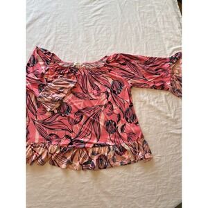 Style & Co Pink Floral Bell Sleeve Ruffle‎ Hem Off Shoulder Top Women's Medium